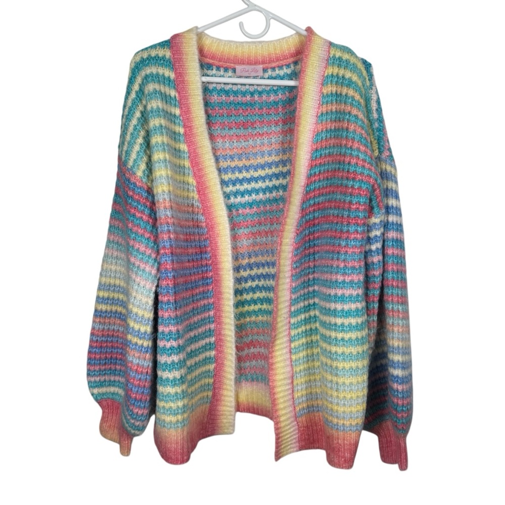 Pink Lily Rainbow Striped Fuzzy Knit Cardigan, Size S